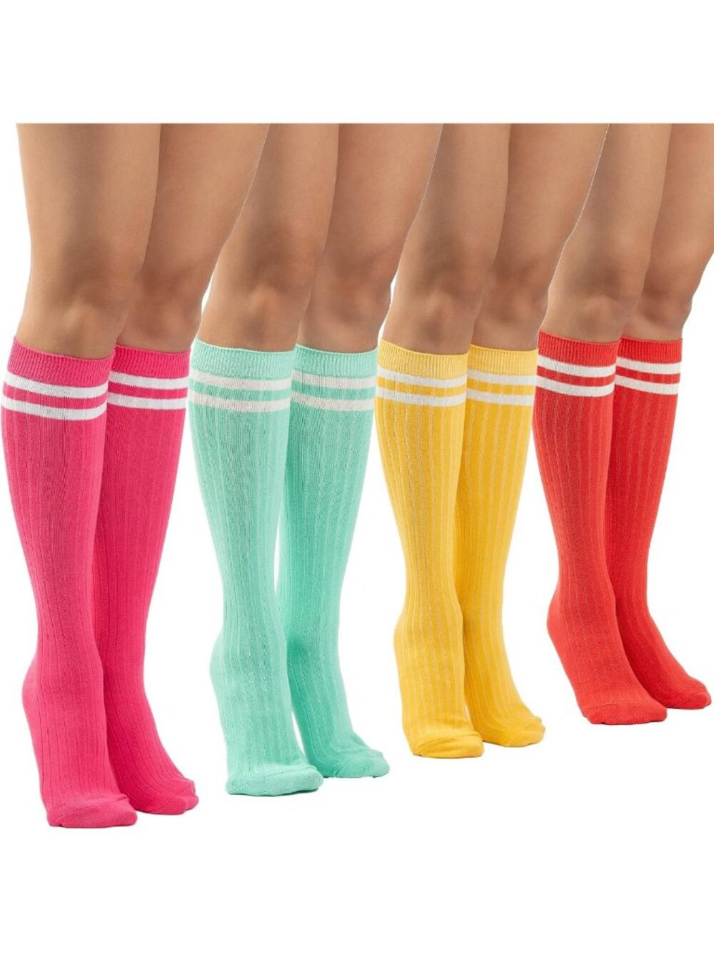 Striped Cotton Knee High Socks for Women | 4 Pairs Tube Socks | Fashionable Knee